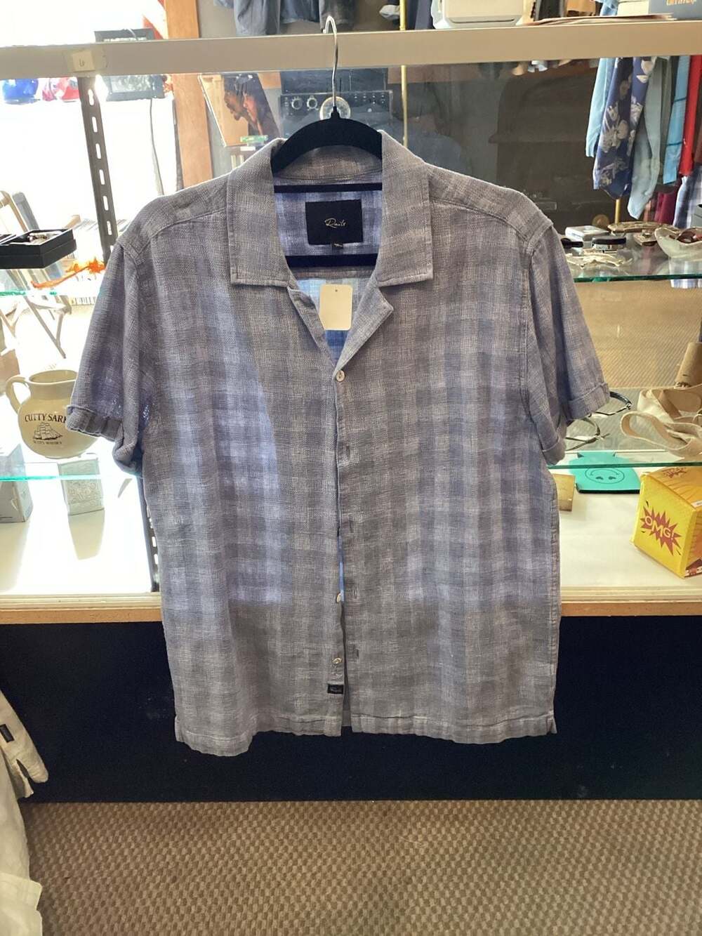 Med Short Sleeve Button Up Casual Shirt Blue Gingham